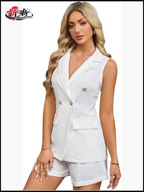 2 Piece Blazer Vest and Shorts Matching Sets Office Outfits